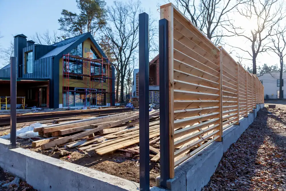 A modern wooden fence under construction beside a house being built, with scattered wooden planks and construction materials on the ground, surrounded by leafless trees on a sunny day.